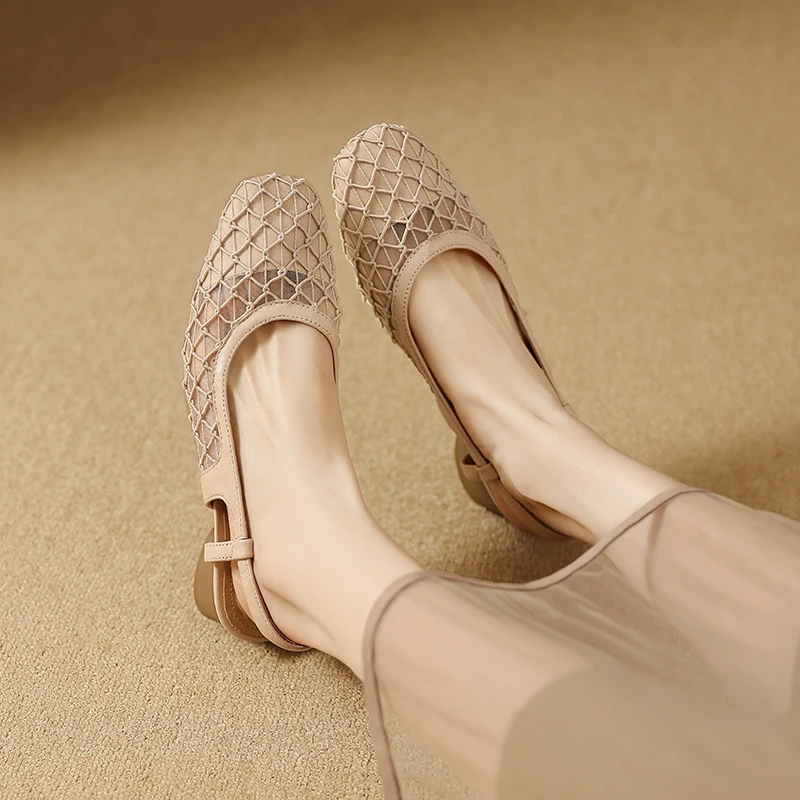 3cm 夏季新款低跟平底鞋法式复古真皮后空单鞋百搭休闲女凉鞋子