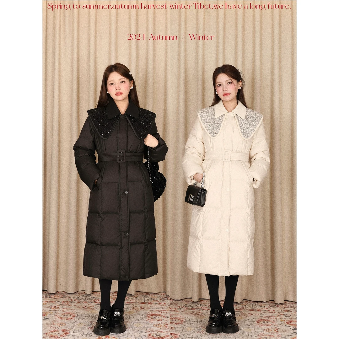 DALU  本期主推！披肩可拆卸 小香风拼接设计中长款收腰羽绒服