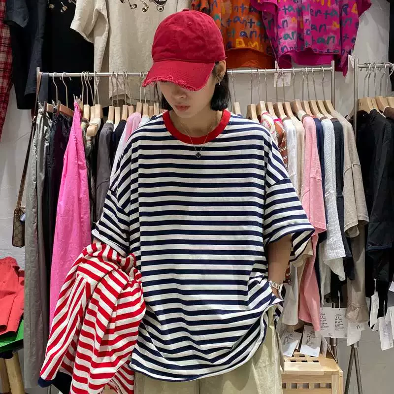TY55301宽松T恤女韩版慵懒风条纹大码纯棉圆领短袖经典夏季新款潮