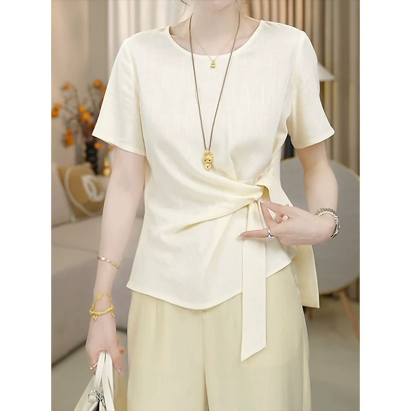 设计感纯色绑带圆领短袖衬衫女2025夏季新款小众收腰修身显瘦上衣