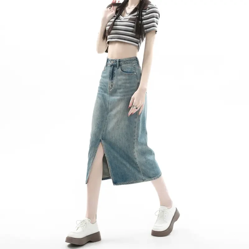 y9279开叉牛仔裙半身裙女2025春季新款小个子a字高腰显瘦裙子