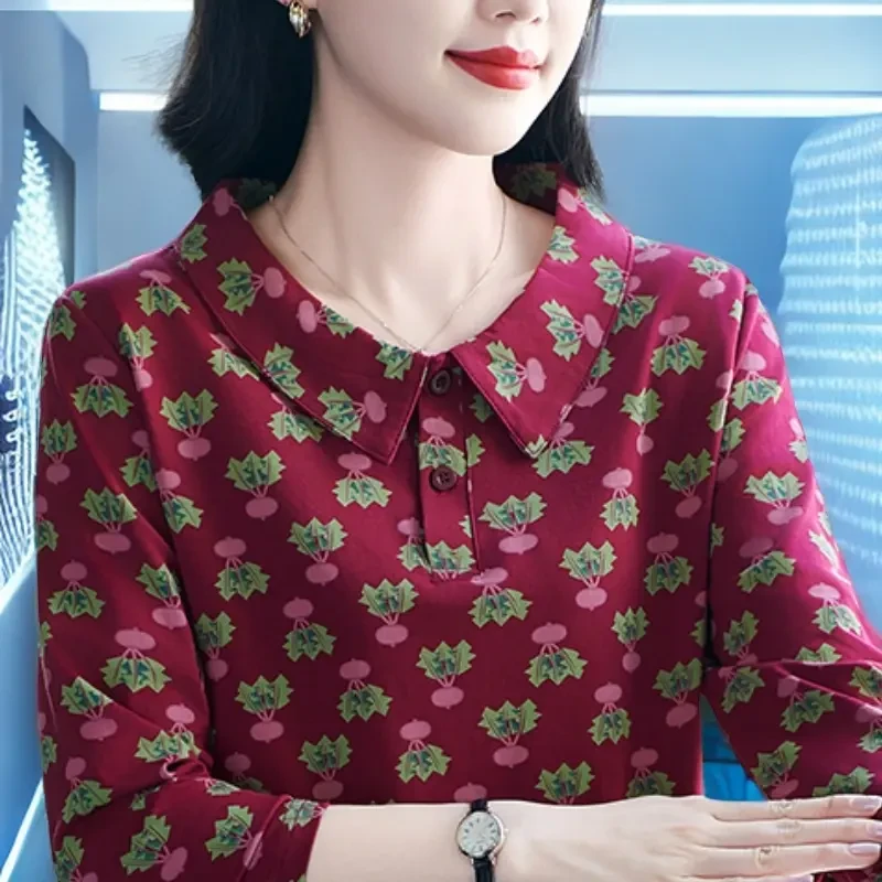 潮流新款妈妈装上衣女春秋季2025长袖印花中年人T恤运动polo衫女