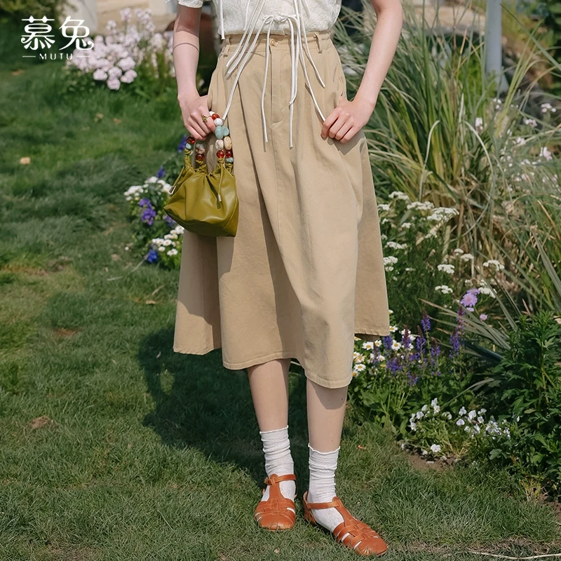 慕兔复古气质半身裙女2025春款小个子高腰中长款a字裙