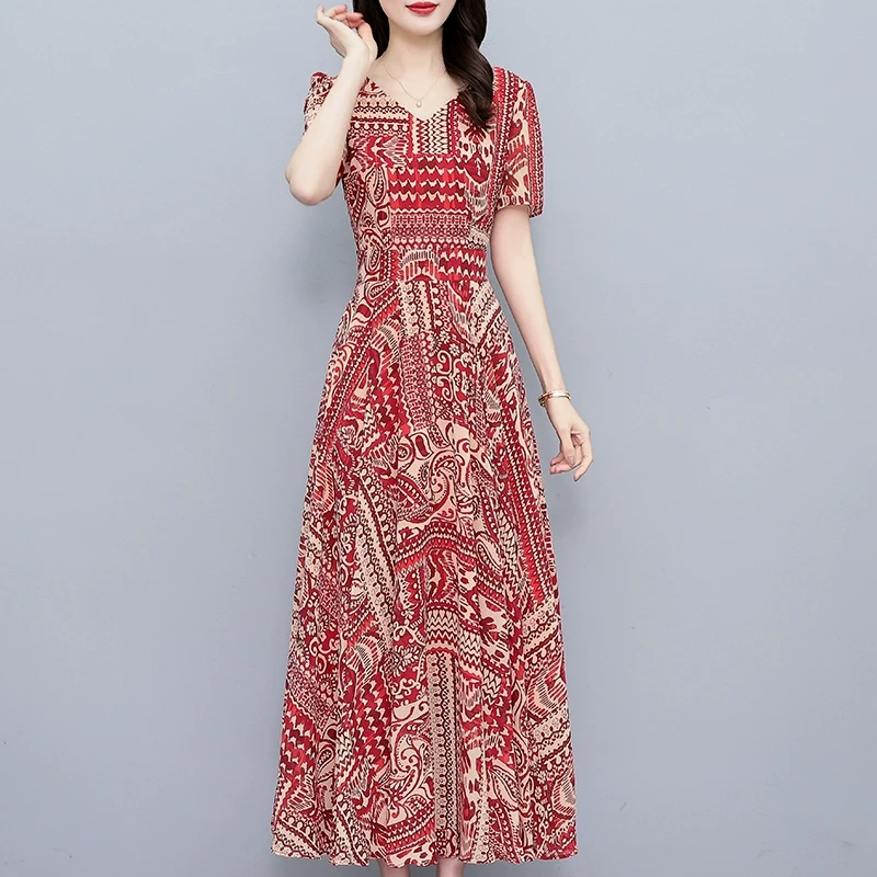 花色雪纺连衣裙长裙女2025夏季新款高档名牌中年妈妈洋气显瘦裙子