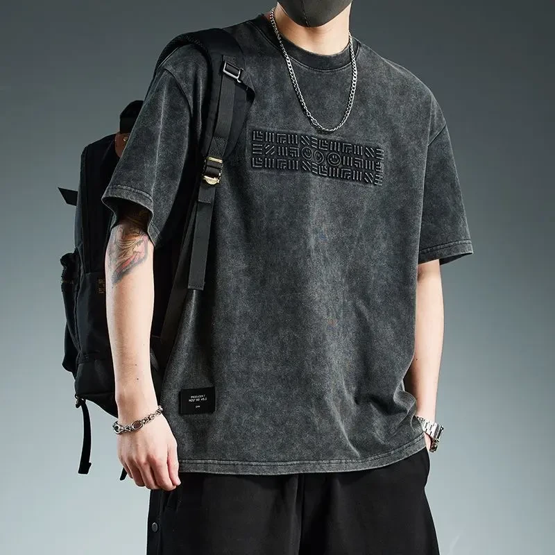 美式纯棉宽松大码百搭水洗复古男士短袖t恤夏季新款体恤上衣短袖