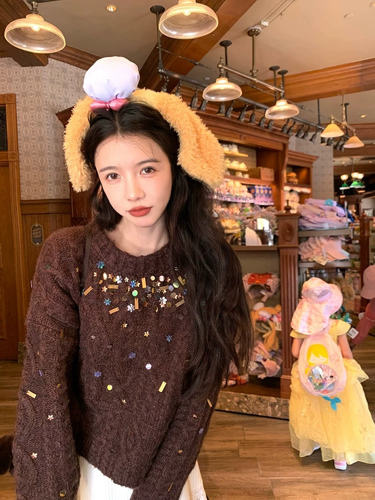 渔小平【星辰毛衣】手工珠片针织宽松圆领秋冬长袖慵懒套头毛衣女