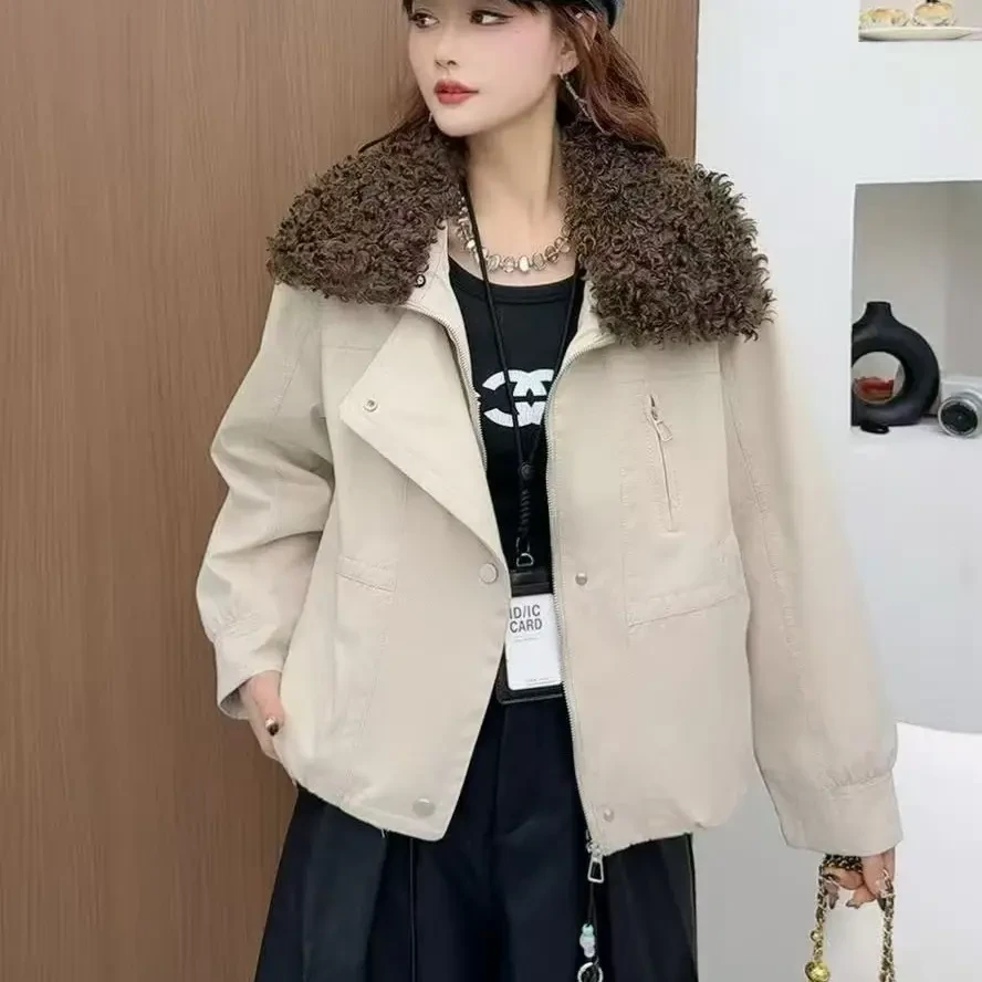 新款毛毛拼接翻领加绒加厚双面穿宽松冬季女士保暖棉衣