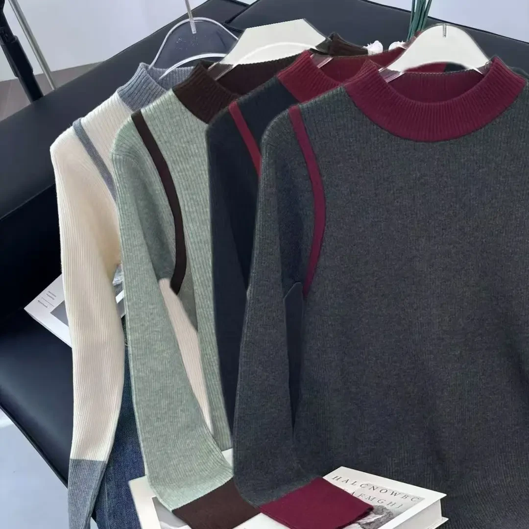 《妞妞》正肩撞色显瘦修身打底复古长袖女上衣110123