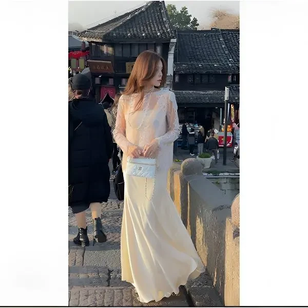 早春时尚气质显瘦常规纯色高腰厚款复古蕾丝半身裙长袖连衣裙