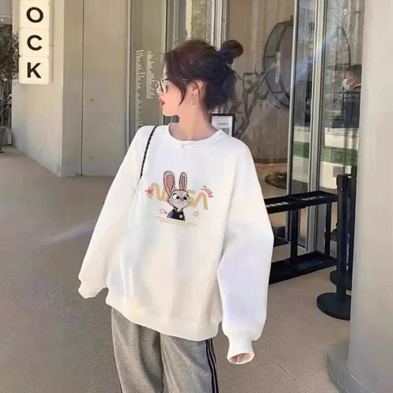 白色慵懒风卡通印花2025秋季新款卫衣女小众设计感银狐绒无帽外套