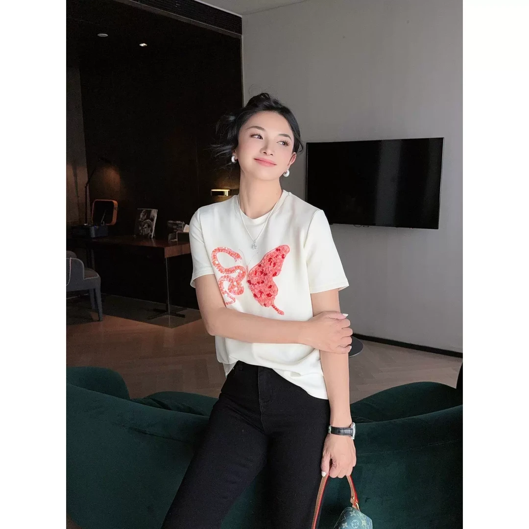 2025早春新款重工钉珠亮片半蛇半蝴蝶图案纯色百搭圆领短袖T恤