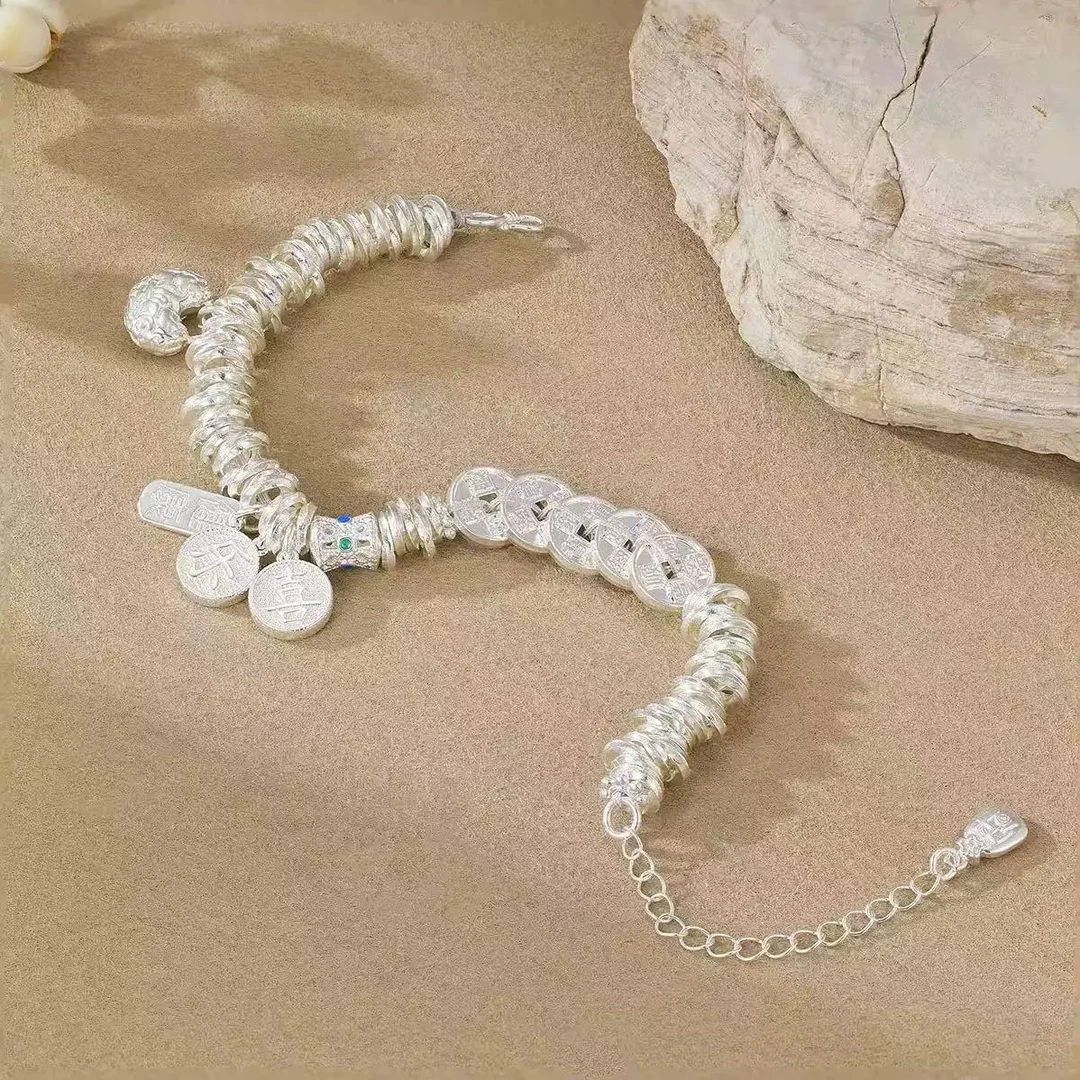 足银手链 足银手链 999.9五帝钱盘缠平安喜乐足银手链轻奢招财