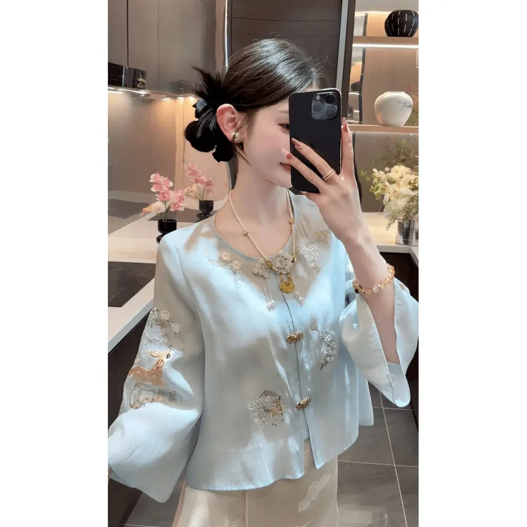 D116+4417清冷禅意风刺绣复古新中式国风外套半身裙两件套装