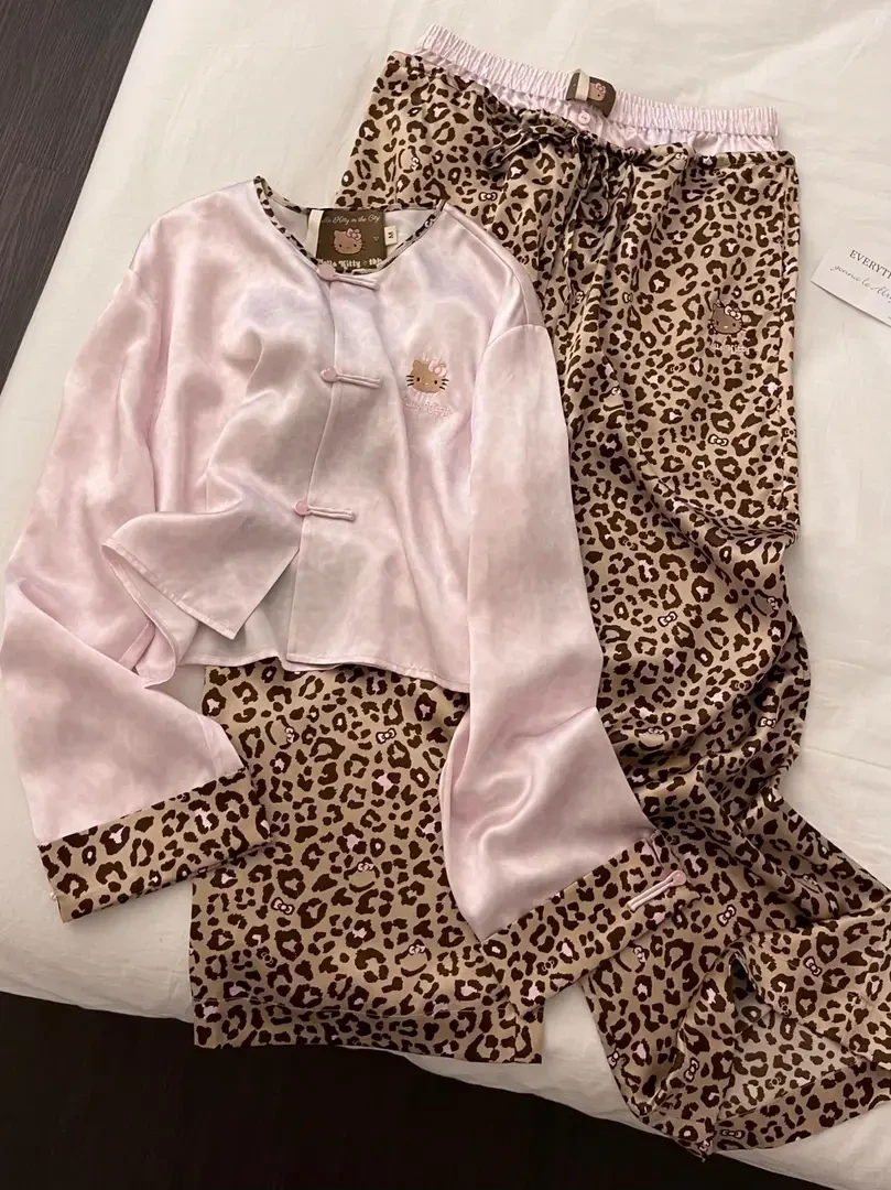 法式粉色豹纹HelloKitty冰丝睡衣女春秋款长袖长裤休闲可外出套装