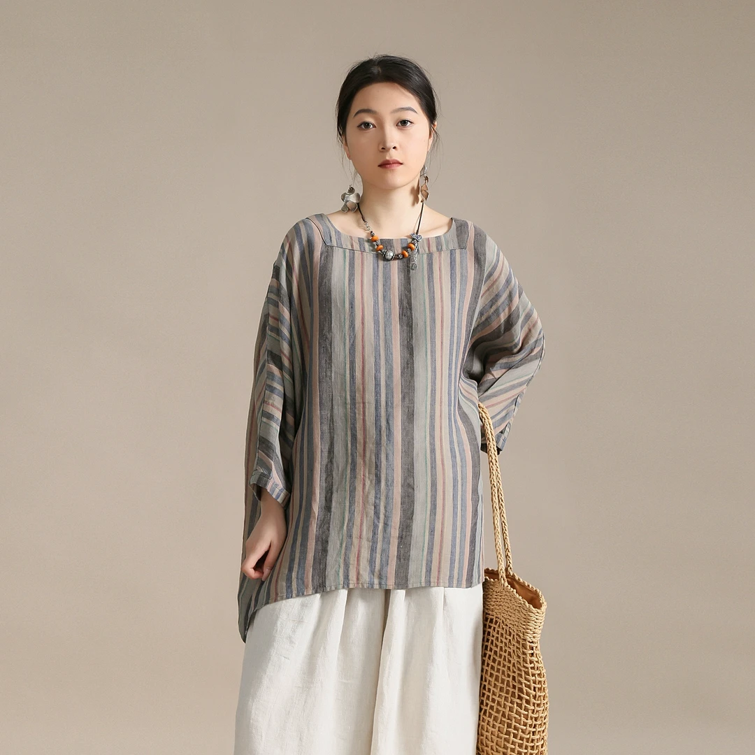 【以之】设计师品牌原创大版宽松色织亚麻上衣方领套头舒适小衫女