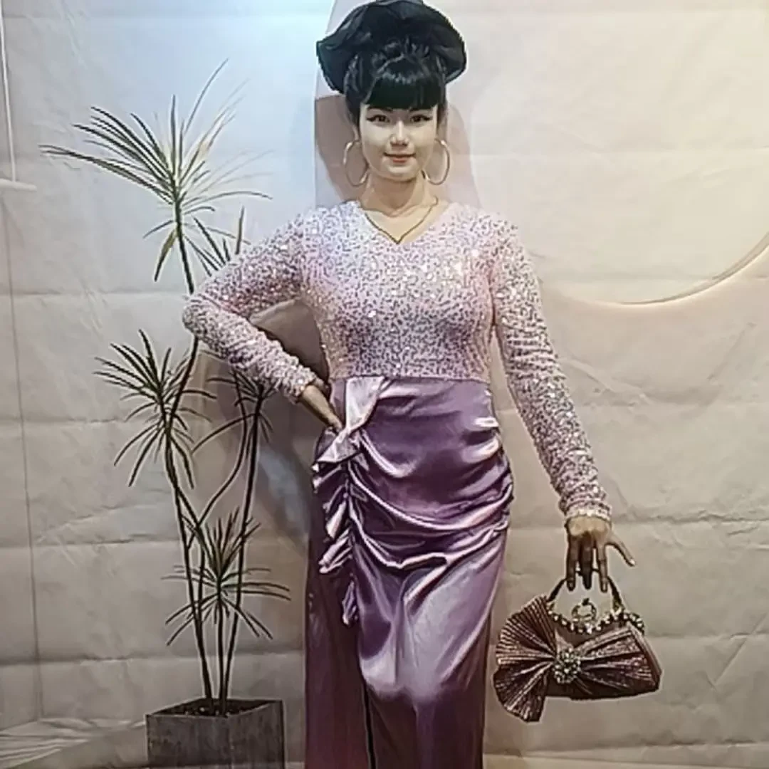 夏季新款丁香紫开叉显瘦贵气修身连衣裙