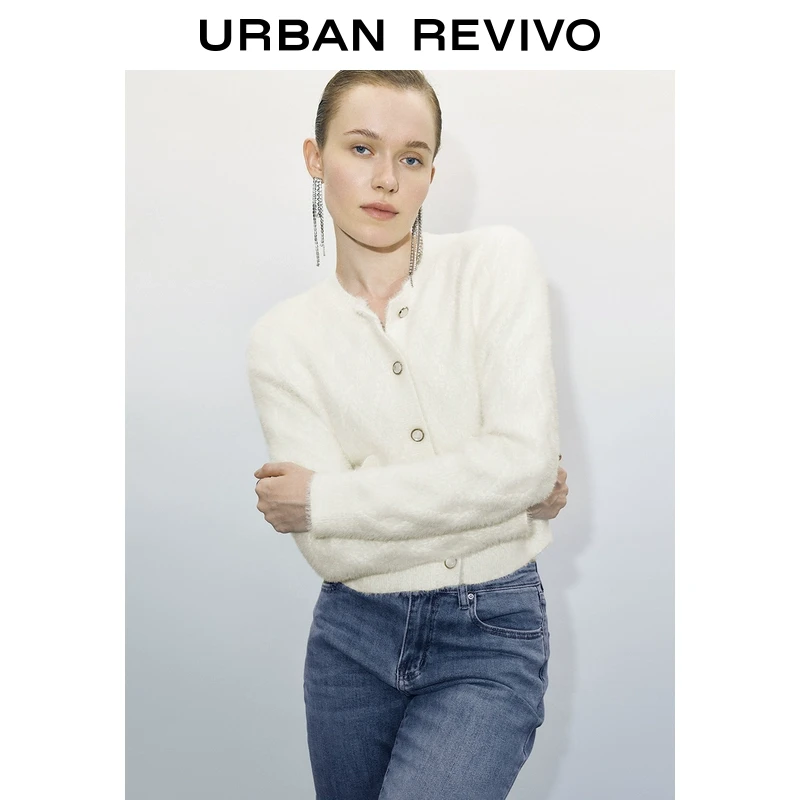 UR2025秋季新款女装时尚气质绒毛感圆领针织开衫UWG950029