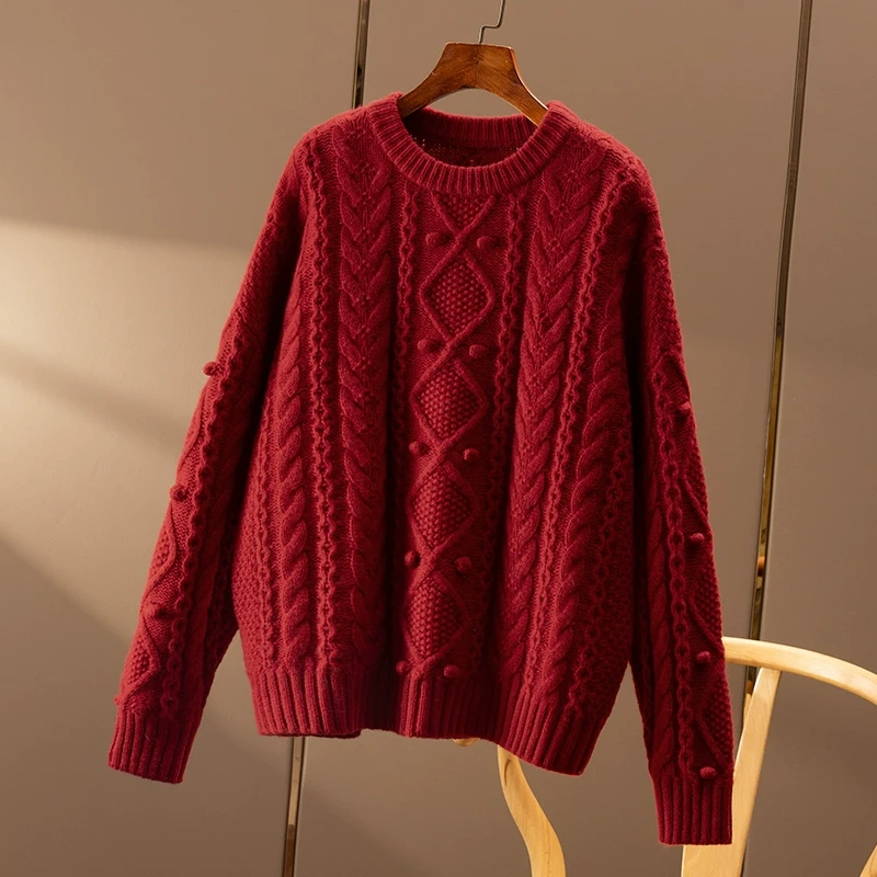 春天家 明艳新年红 法G重工绞花^钩花100羊毛圆领毛衣女7U78 特