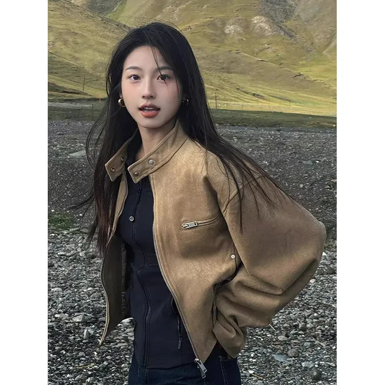 2025春秋新款美式复古立领机车服短款外套女百搭宽松夹克潮