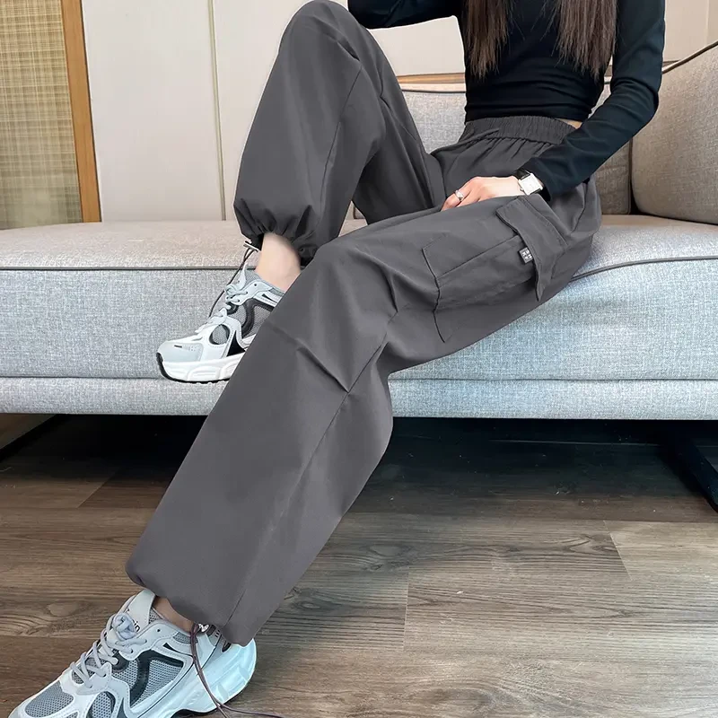 新款高腰工装裤女2025秋季新款宽松直筒阔腿裤束脚休闲美式运动裤