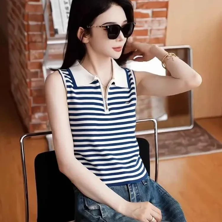 夏季别致辣妹超好看polo衫翻领背心女设计感小众修身无袖条纹上衣