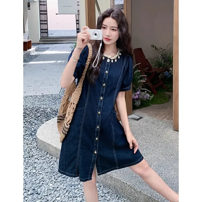深蓝色复古高级感牛仔连衣裙女2025夏季新款港风小个子减龄衬衫裙