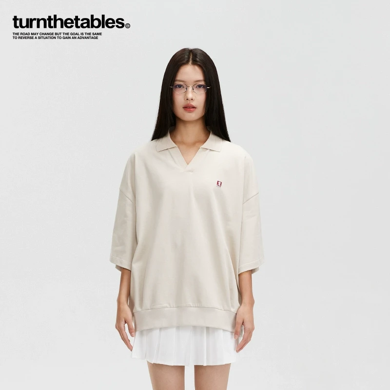 Turnthetables美式复古V领小标短袖polo衫男女 夏季潮牌情侣半袖t