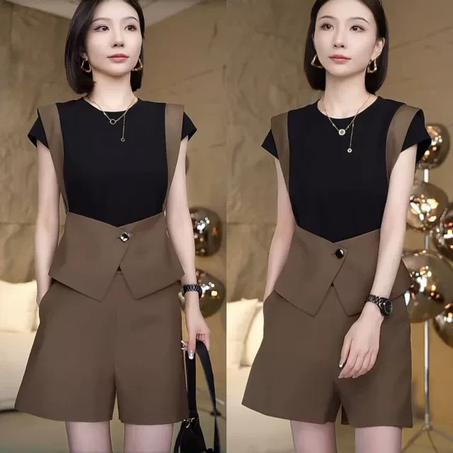 高级设计感时尚套装女2025夏季新款撞色拼接假两件上衣短裤两件套