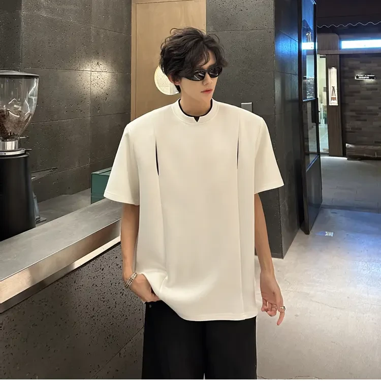 美式V领高级感撞色短袖T恤男夏季重磅宽松痞帅小众垫肩五分袖体恤