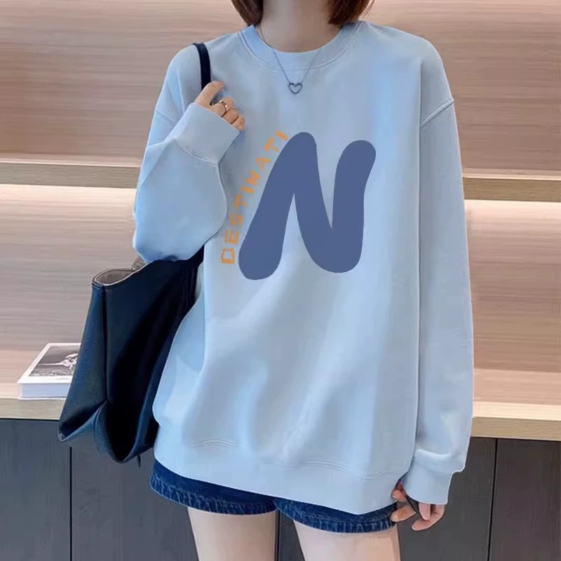 蓝色圆领卫衣女士时尚洋气2025新款爆款欧货宽松大码加绒加厚上衣