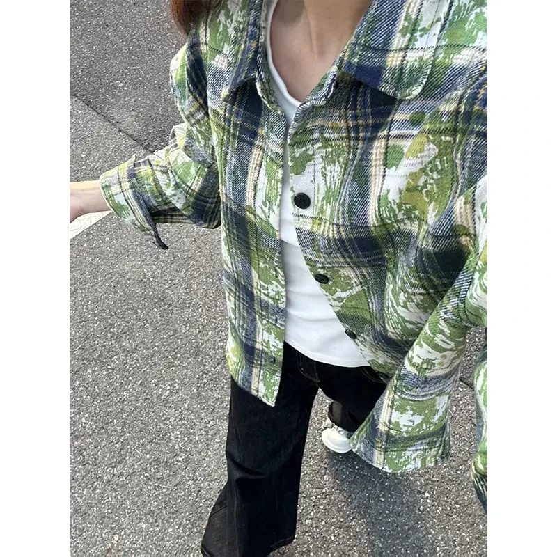 扎染绿色格子衬衫男款长袖春秋cleanfit衬衣设计感高级dk美式外套