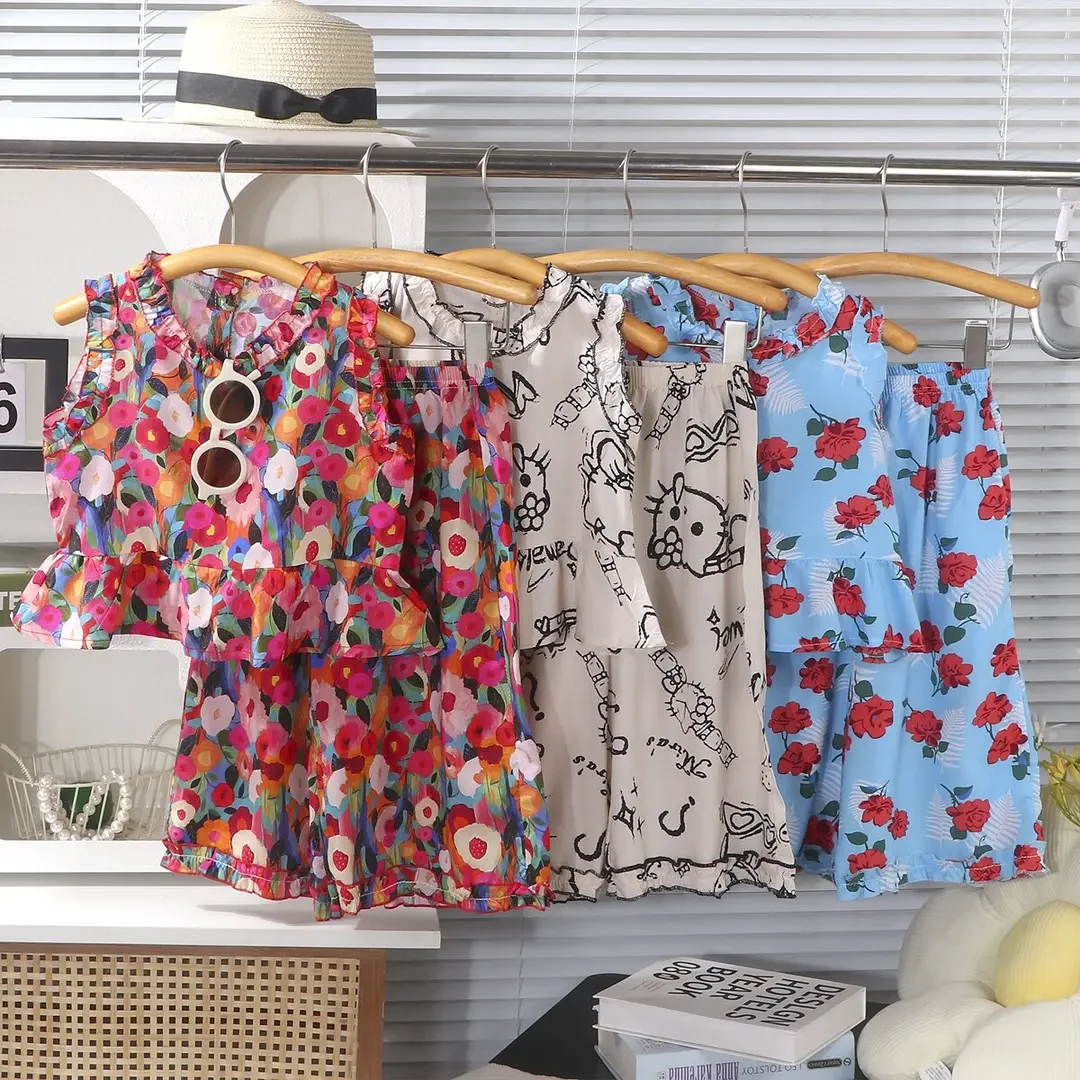 绵绸女童碎花套装夏季新款背心九分裤女宝宝洋气百搭薄款两件套