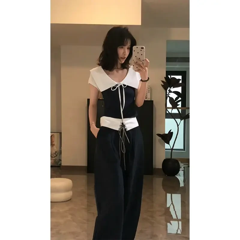 夏日穿搭套装韩系娃娃领系带短袖上衣设计感高腰休闲抽绳阔腿长裤