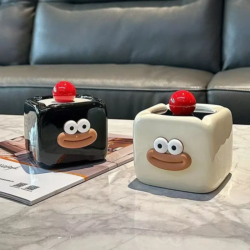 可爱创意烟灰缸家用奶油风客厅陶瓷烟盅带盖防飞灰高级感烟缸轻奢