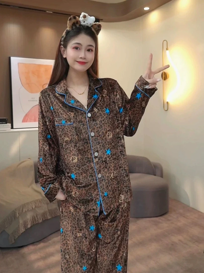 法式亲肤金丝绒睡衣女秋冬美拉德豹纹秋季时尚定制家居服两件套