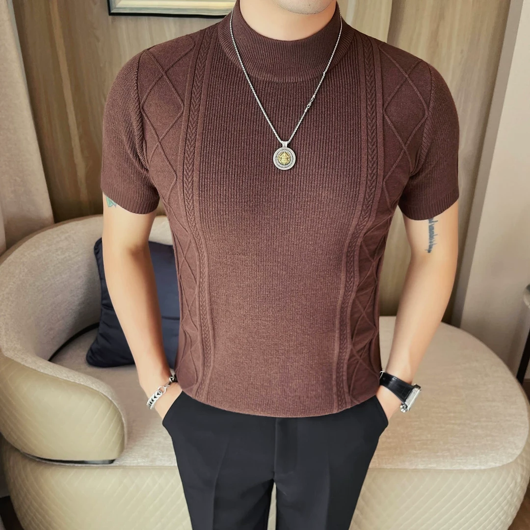 春季韩版修身男士半高领短袖T恤型男紧身弹力针织衫圆领打底线衫