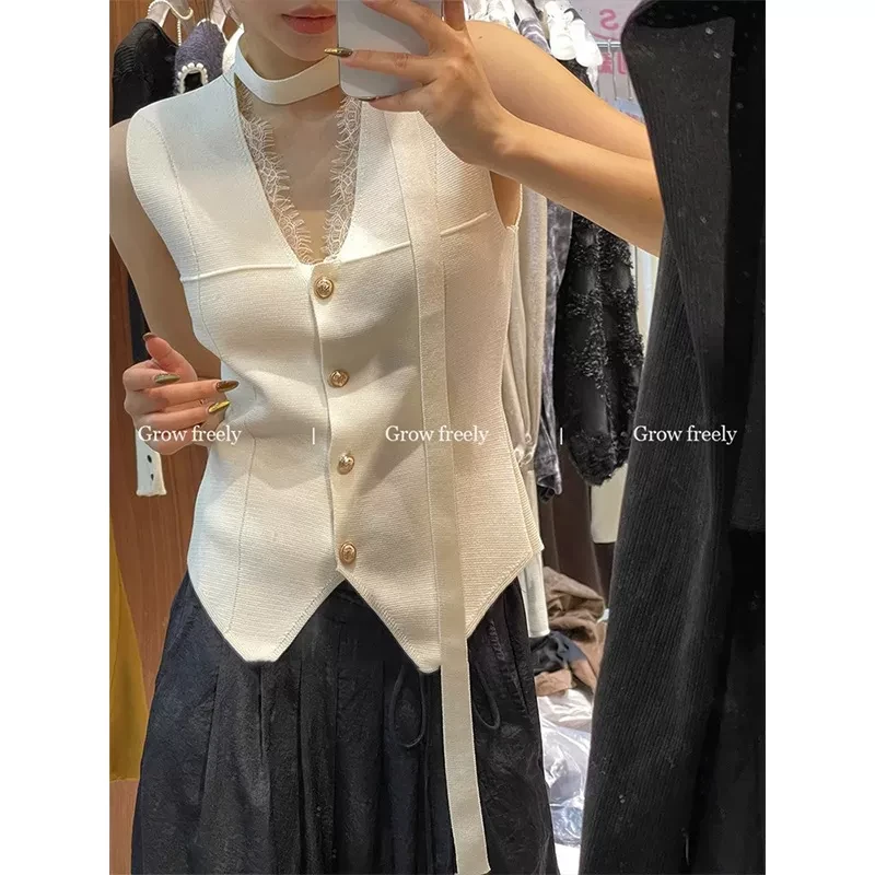 蕾丝拼接针织马甲女2025开春新款小香风时髦洋气西装内搭坎肩上衣