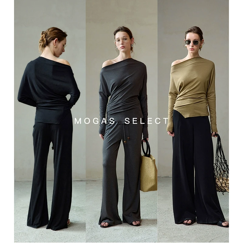 MOGAS.【唐一可】云朵纸片人套装桑蚕丝醋酸一字领斜肩上衣针织女春