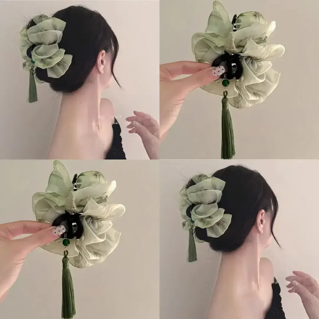 只此青绿~复古流苏云朵网纱抓夹新中式气质时尚鲨鱼夹旅行发卡