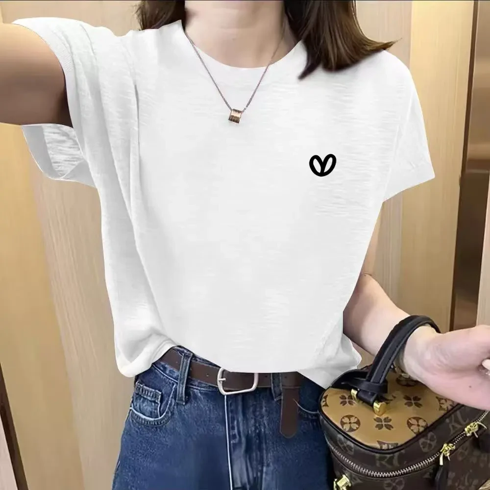 竹节棉短袖t恤女宽松显瘦2025夏季新款洋气减龄休闲大码圆领上衣