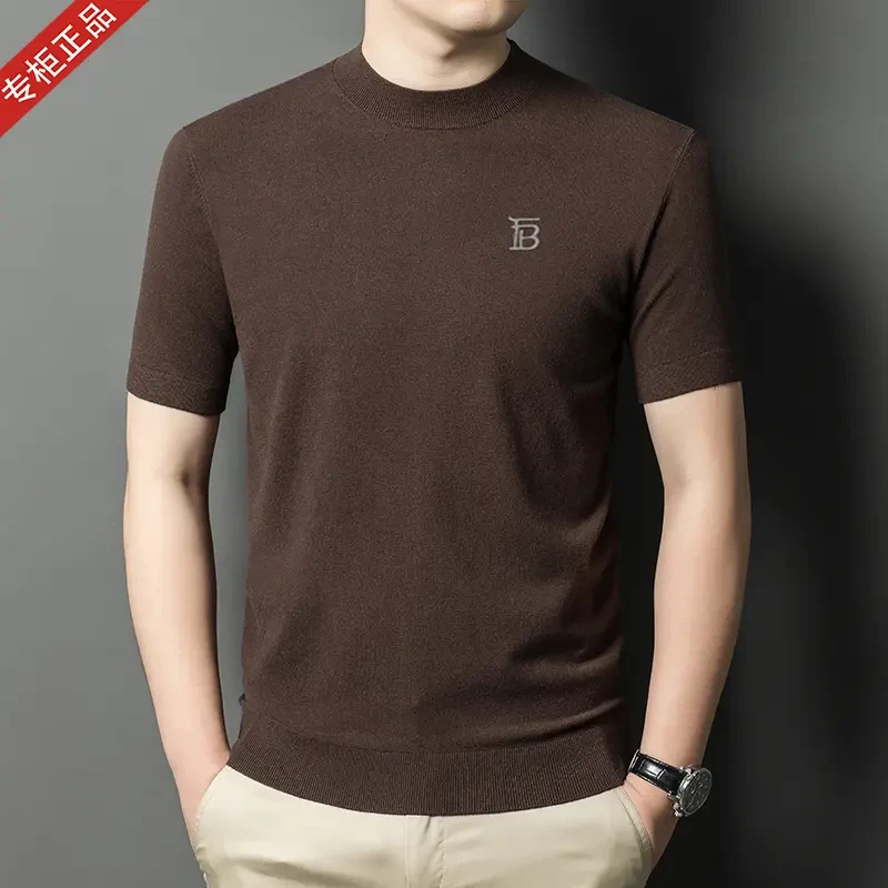 2025秋冬季英伦巴家短袖T恤男士商务休闲半高领羊绒衫薄款针织衫