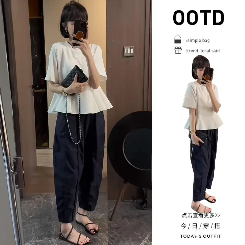 初夏穿搭一整套2025新款韩版白色圆领短袖上衣高腰休闲裤两件套女