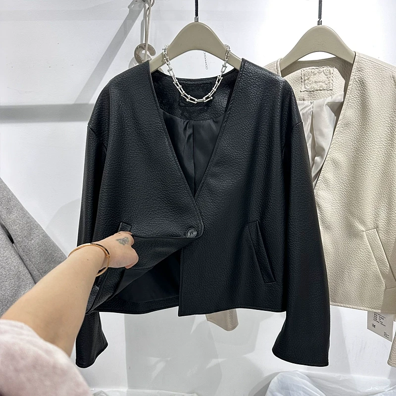 皮衣女2025春装新款欧韩货阔版荔枝纹百搭皮夹克网红月月短款外套