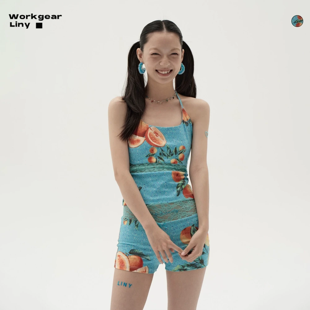 LINY LIBERTY 24SS 辣妹度假风吊带挂脖背心女mini蕾丝短裤套装