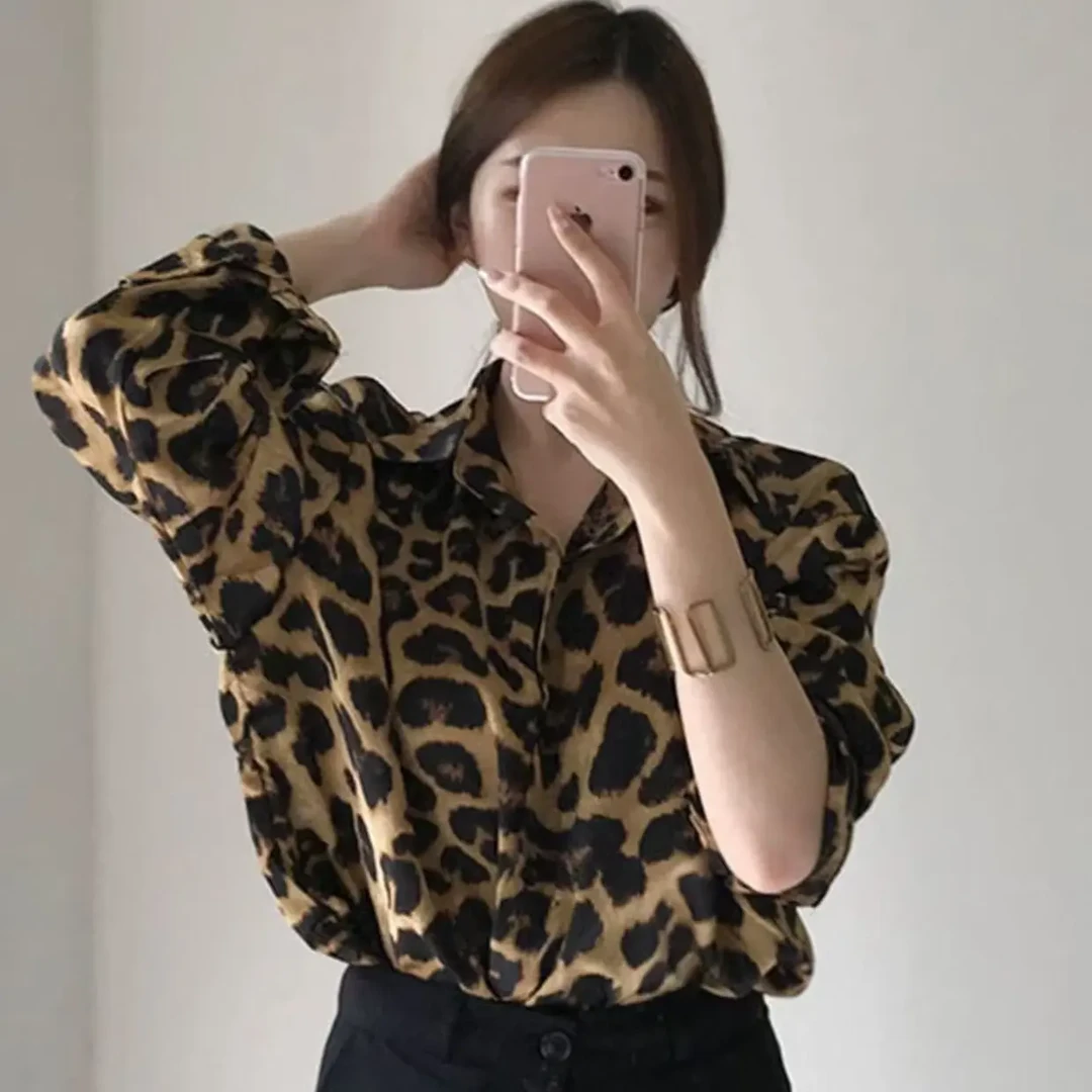 秋季复古豹纹印花翻领单排扣宽松休闲百搭长袖衬衫上衣女23100