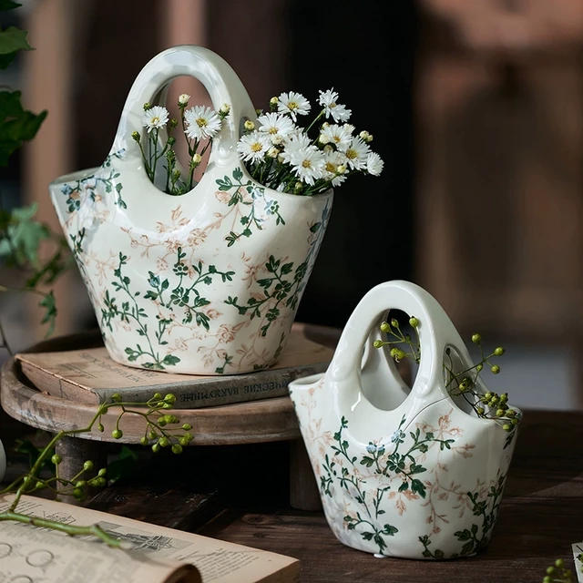 手提包包陶瓷花瓶摆件中式客厅插花水培创意法式复古田园风高级感