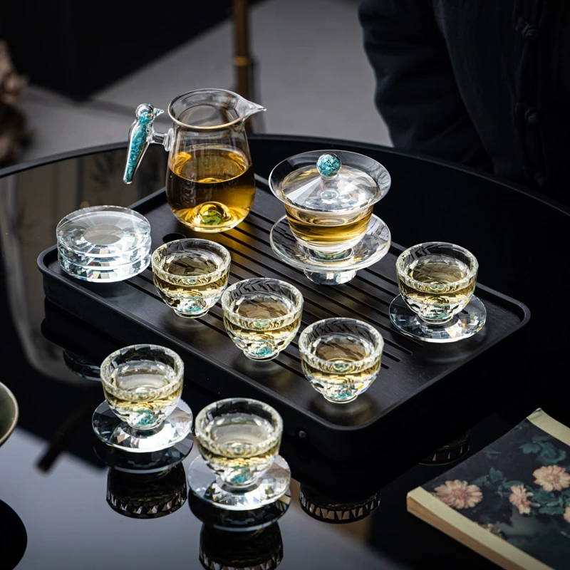 柏兮耐热玻璃青绿江山泡茶杯茶水分离杯绿松石办公金箔观山主人杯