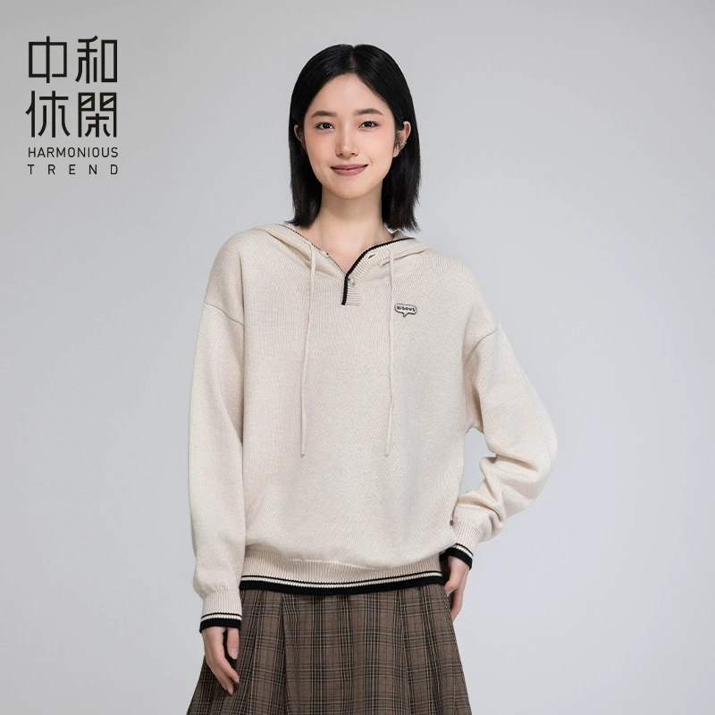 中和休闲宽松连帽套头毛衣女2025春季新款套头纯色针织衫学院风