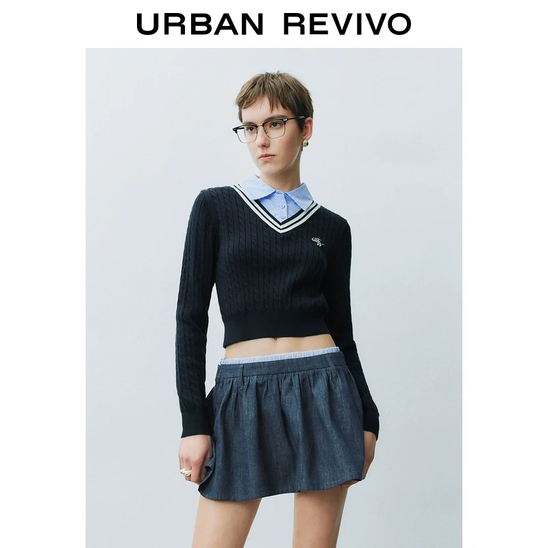 UR2025秋季新款女装学院风拼接假两件肌理感针织衫UYY950021