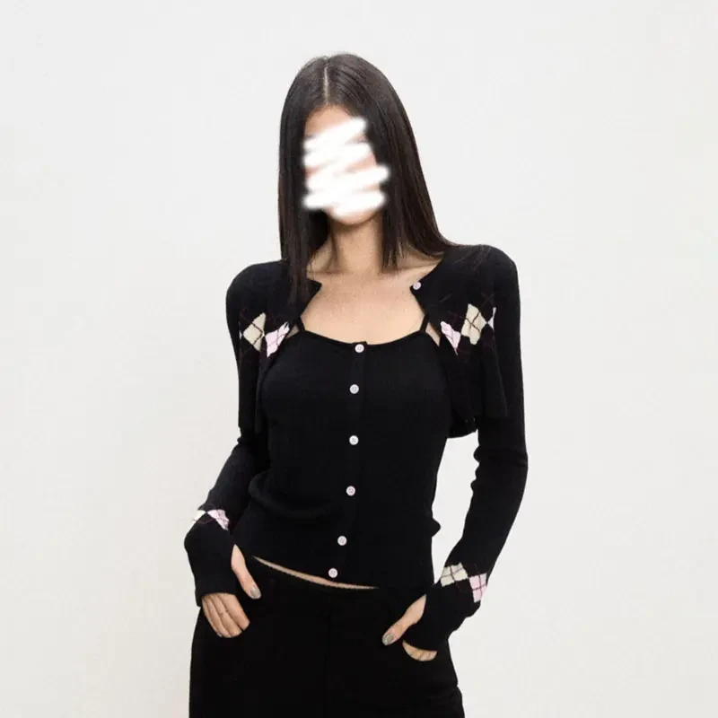 菱格纹开衫吊带两件套女秋季薄款外穿上衣洋气时髦慵懒风针织套装